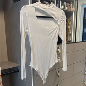 White Asymmetrical Cut-Out Long Sleeve Bodysuit